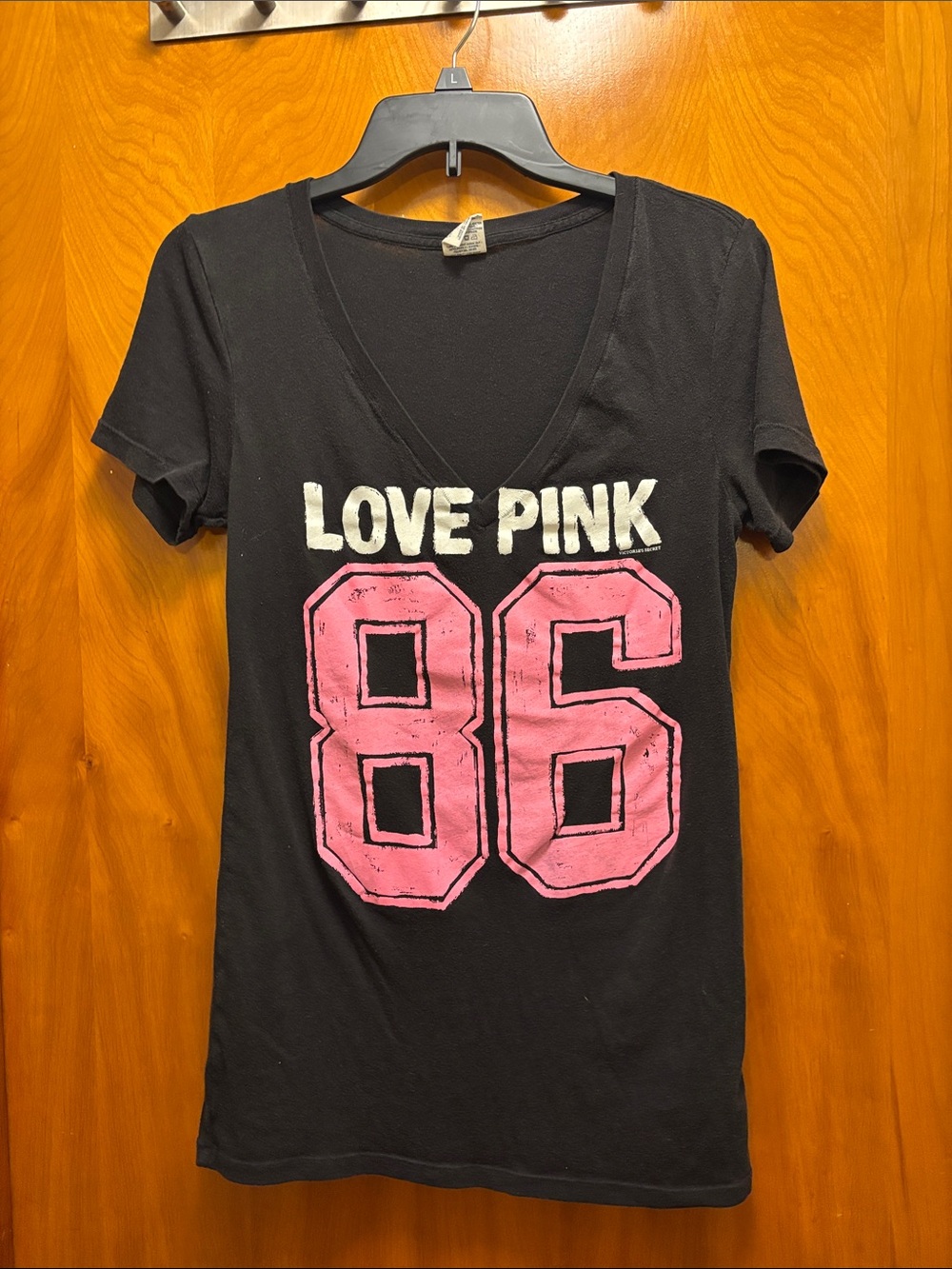 PINK Victoria's Secret Black V-Neck Tee with Pink '86' and White LOVE PINK
